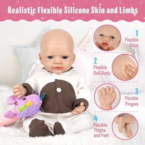 🆕14 inch Full Body Platinum Silicone Bald Baby Dolls Girl With Feeding kit - Picture 8 of 9
